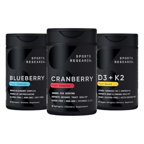 Sporturi de cercetare Cranberry Fruit Complex Supliment cu Pacran & Vitamine C & E, întreg fructe de afine concentrat fabricate din afine organice și plante pe bază de vitamina D3 + K2 cu ulei de cocos