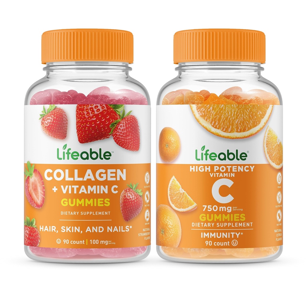 Colagen de viață & Vitamina C + vitamina C 750mg, Gummies Bundle - mare Tasting, Supliment de vitamine, Gluten gratuit, OMG-uri gratuit, Gummy mestecabil