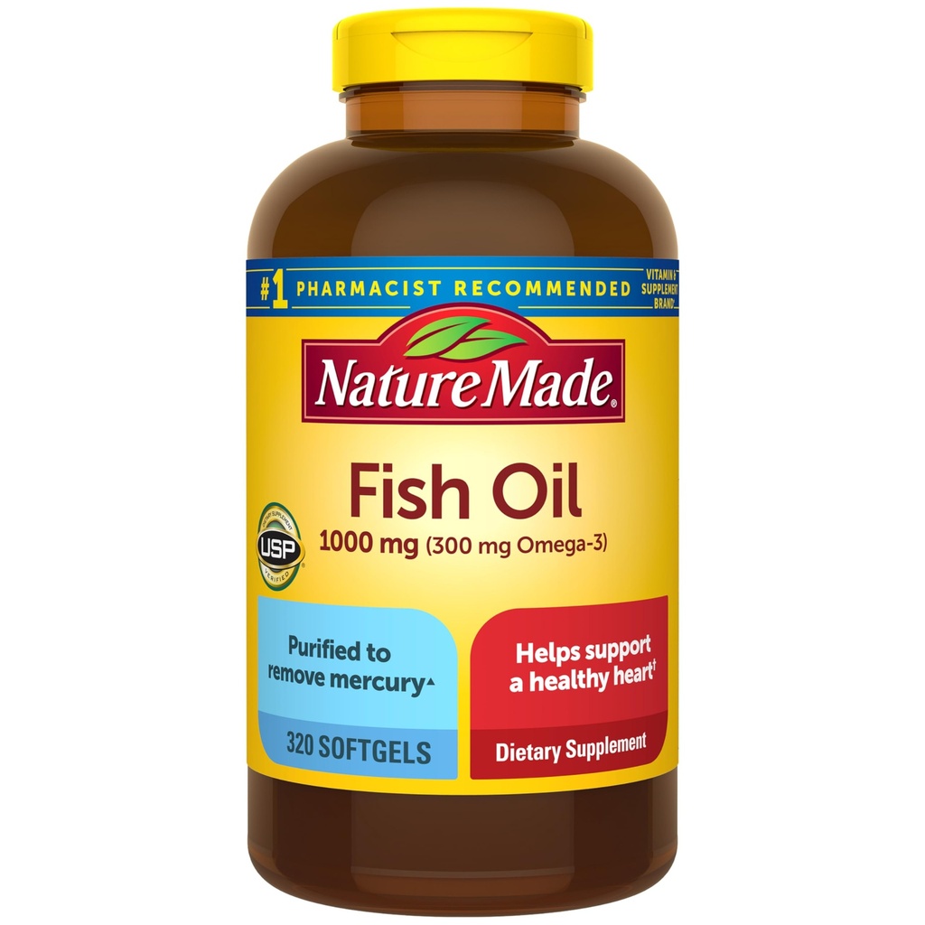 Nature Made pește ulei Omega 3 Suplimente, 1000mg Softgels, Omega 3 ulei de pește pentru suport cardiac sănătos, 320 Softgels, 160 zile de aprovizionare