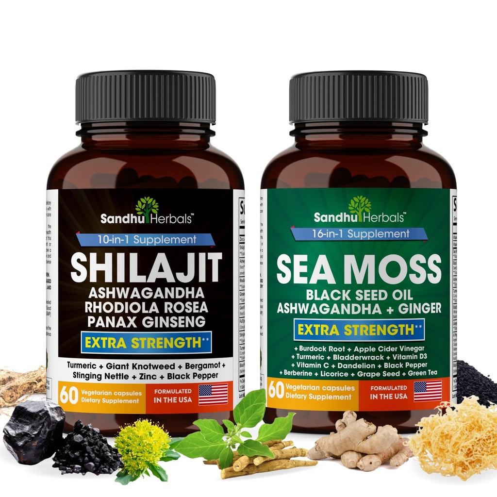 Silajit Sea Moss Ashwagandha Combo Bundle - Black Seed Oil, Turmeric, Rhodiola Rosea, Panax, Ginseng Supliment 
