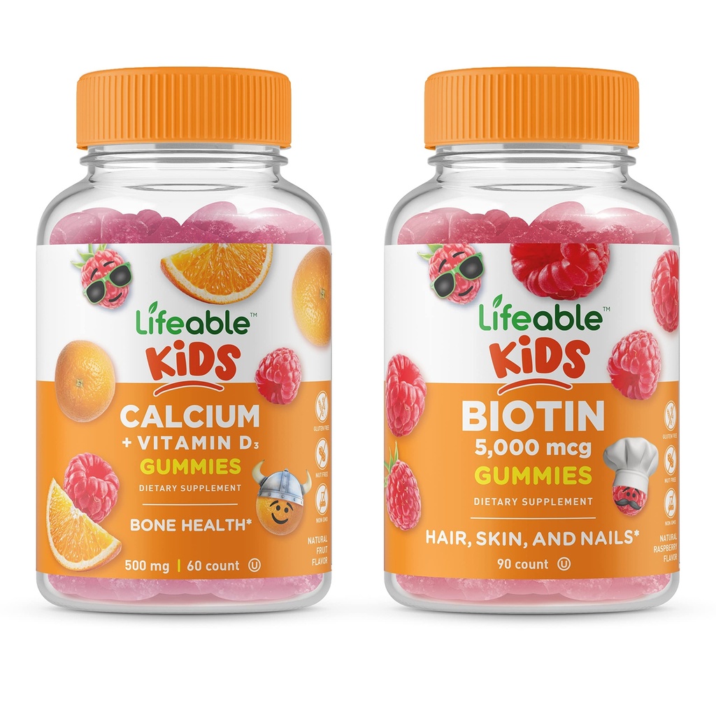 Biotina de viață Copii + Calciu cu vitamina D Copii, Gume Bundle - mare Tasting, Suplimentul de vitamine, Gluten gratuit, OMG gratuit, Guma de mestecat