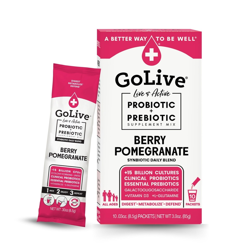 GoLive Prebiotic şi Probiotic pentru femei, bărbaţi, copii. Berry rodie Synbiotic Powder w/ L- glutamină, vitamina D3, Electroliţi. Pentru Gut Health, Digestion, Metabolism, Imunitate 15-50B CFU.