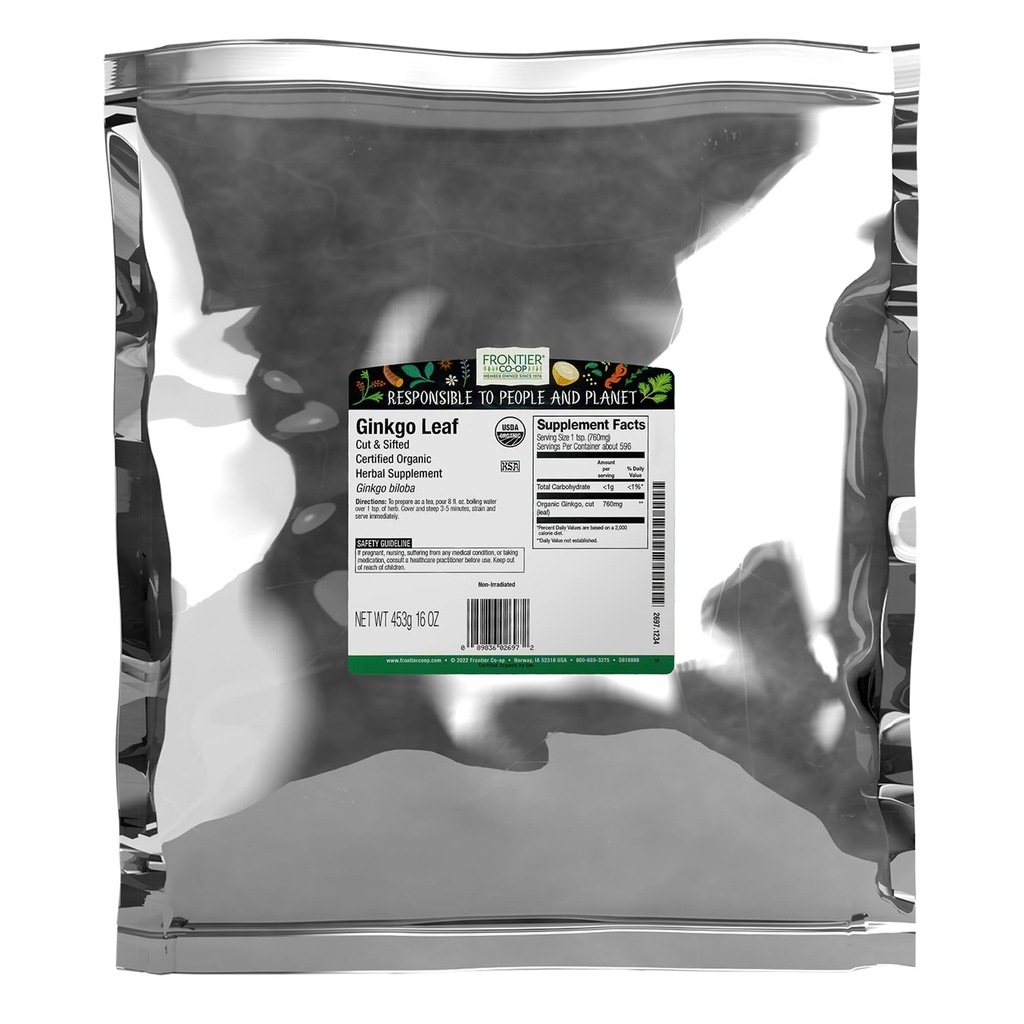 Frontier Co-op Organic Ginkgo Leaf, 1lb Bulk Bag, Cut and Sifted 