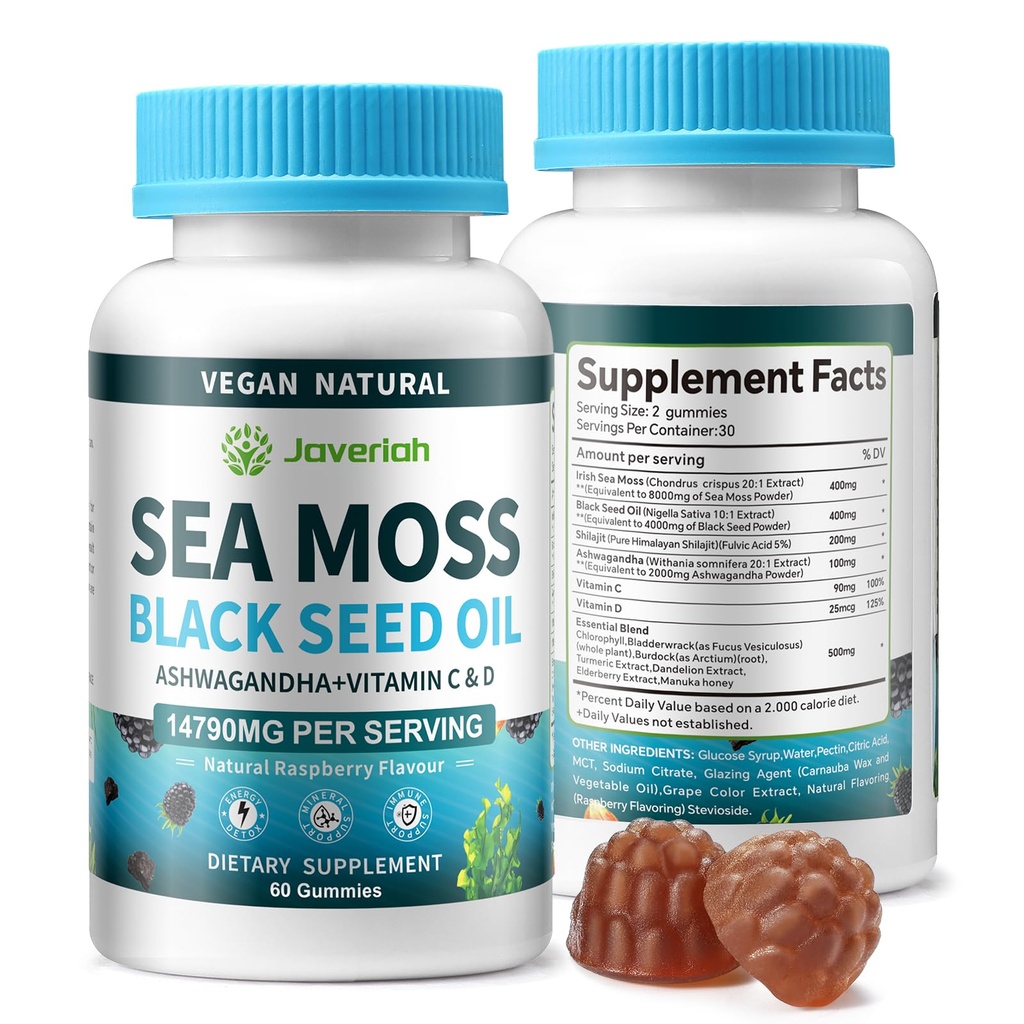 Vegan Ashwagandha Sea Moss Gummies - Black Seed Oil, Vitamina C&D pentru Suport Imun, Digestiv, Antioxidant 13 în 1 Bundle, Sea Moss Clorofill Advanced Form Formula 2Pack 120 Gummies