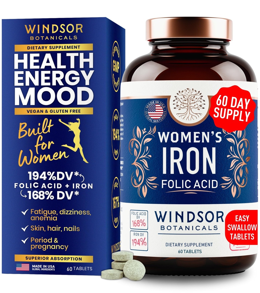 Suplimente de fier si acid folic pentru femei - 35mg Vitamina de fier blând, Acid folic 400mcg - Anemie, perioada, Suplimentul de suport pentru sarcina, Pastile sulfate feros - 60 Vegan comprimate non-consceptante