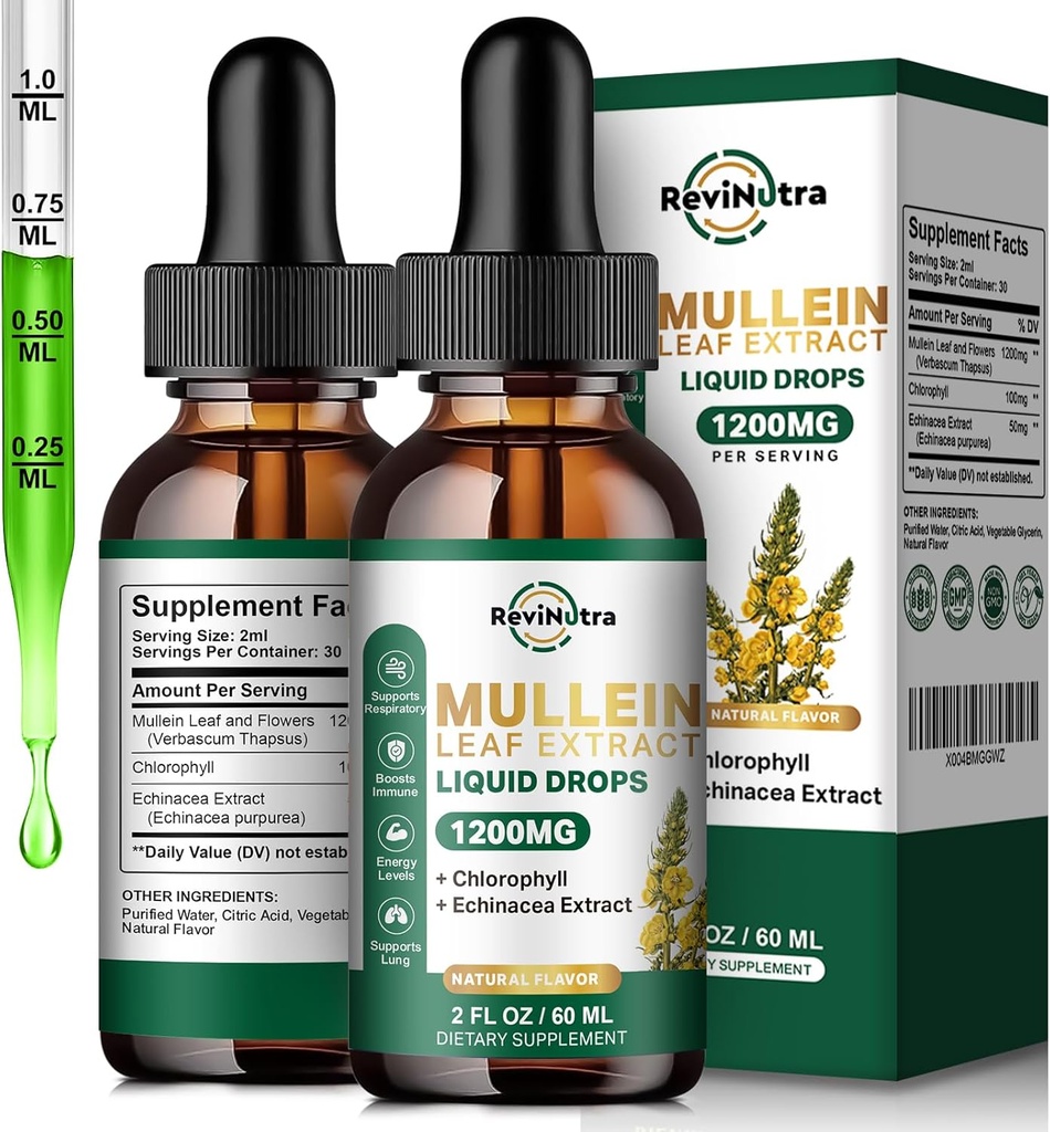 2 ambalaj Mullein picături pentru plămâni, 1200 mg Mullein Extract lichid picături de frunze cu clorofilă pentru Lung Cleanse & Detoxifiere, suport pentru respirație, imunitar, sistem digestiv