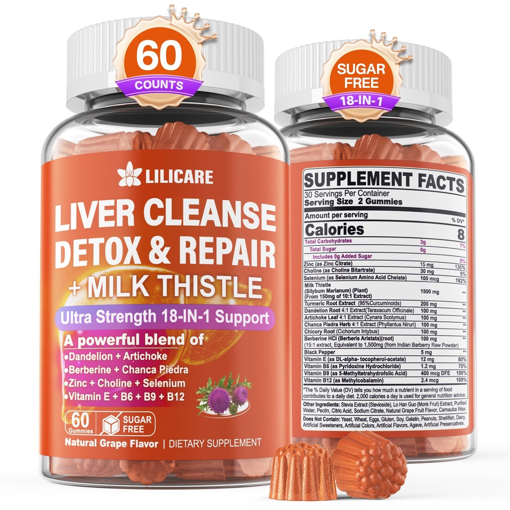 1Pack Milk Thistle Ficat Detoxifiere Gummies, 18-in-1 Ficat Cleanse Detoxifiere & Reparație Supliment cu Berberine, Root Cicoare, Turmeric, Artichoke, Root Dandelion, Chanca Piedra, Vitamine B6 B12 - Zahăr gratuit