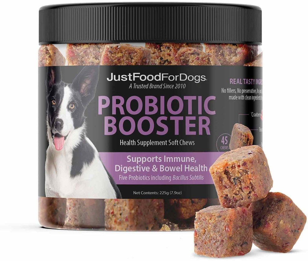 Just Food ForDogs Probiotic Booster Gut Health Soft Chews Supliment pentru câini, Digestive Health Support, Diaree, Ingrediente de grad uman - 45 Conte