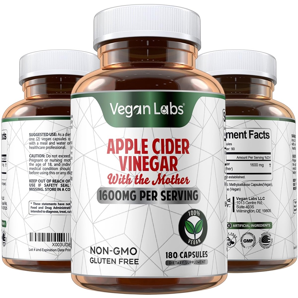 Vegan Labs Apple Cidru Capsule de Oţet cu Mama- 180 Capsule Vegan, 1600MG Per Serving- 100% Natural ACV pastile- Sprijină Digestia Sanatos, Keto, Managementul Greutate, Detox, şi Sistemul Immune