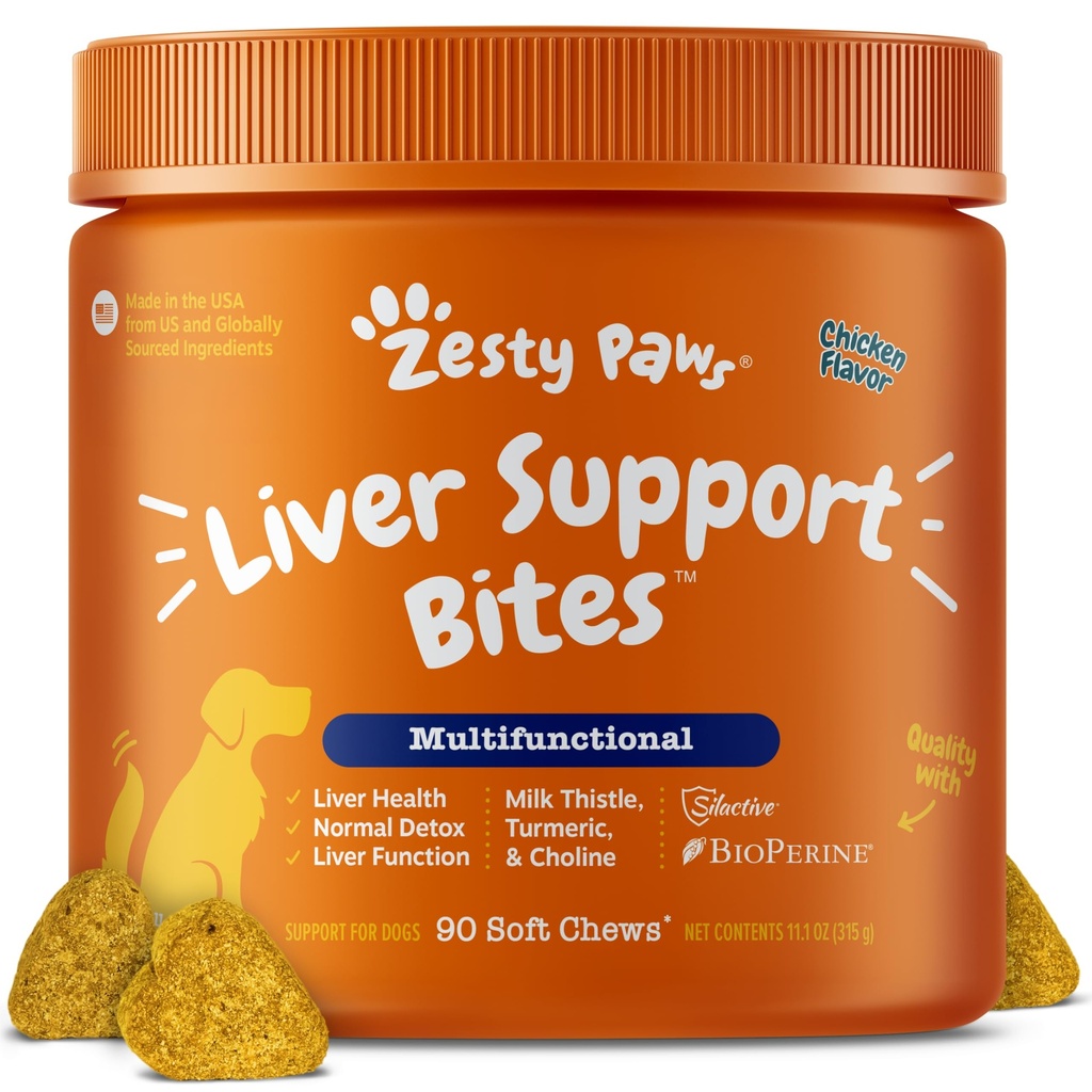 Zesty Paws supliment de sprijin pentru ficat pentru câini - cu extract de muls de lapte, Curcumin Turmeric, colină - Moft Chew Formula - pentru funcția de ficat de câine