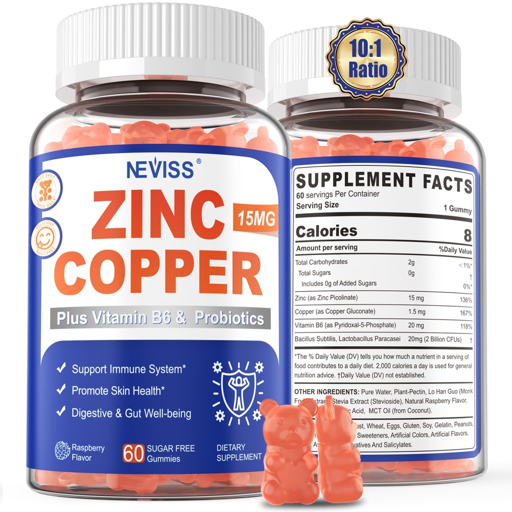 Gume de zinc cu cupru + probiotice, vitamina B6 pentru absorbţie maximă, suplimente de zinc pentru bărbaţi şi femei, două minerale esenţiale echilibru Formula pentru imunitate şi sănătate gută, Vegan, non-GMO, 120 Cts