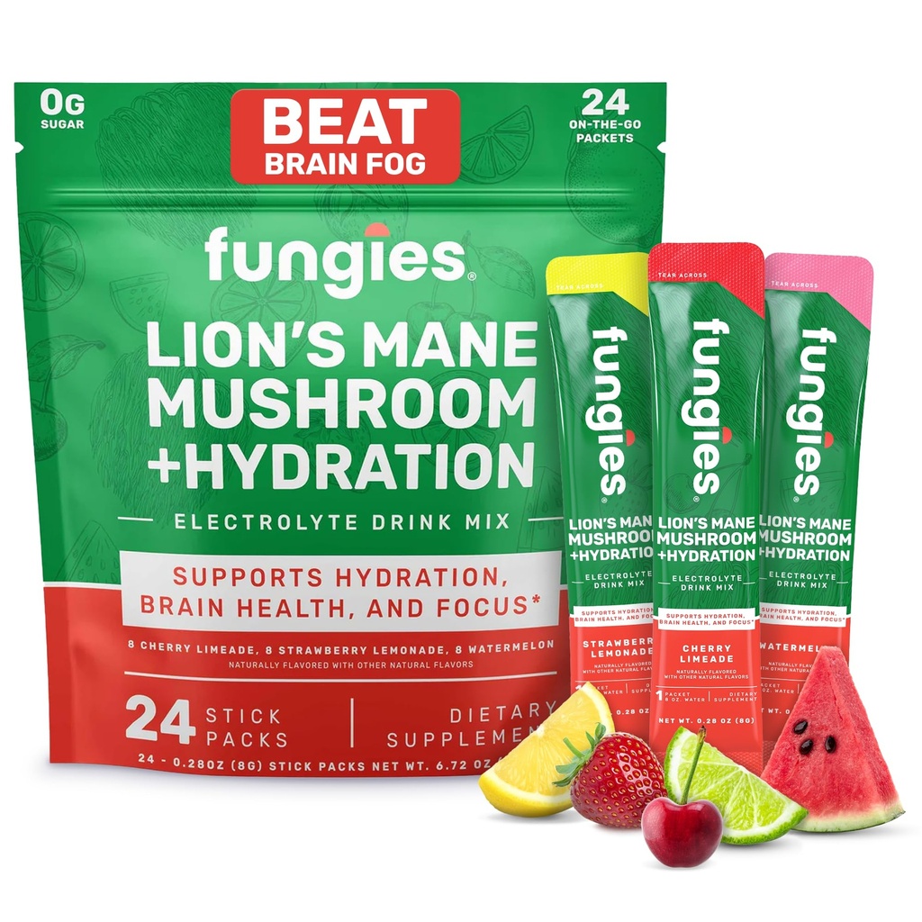 Ciuperci Electrolite Drink Mix cu Lion Mane Mushroom & Electroliti esentiale, 24 Pachet de varietati - Zahar-Free Hydration Supplement Powder pentru adulti pentru sanatate si focus creier - supliment ciuperci