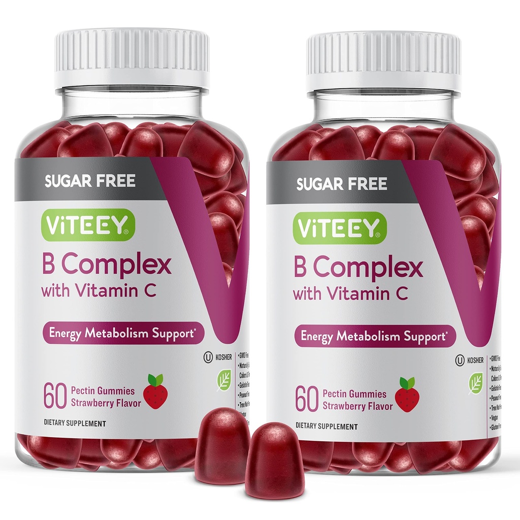 VITEEY Vitamina B Complex Gummies cu vitamina C, zahăr fără - energie, metabolism și sănătate nervoasă - B6, B12, Acid folic, Biotin - Vegan, Gelatină Gratuit, OMG-uri gratuit - gustoase gustoase aroma de capsuni