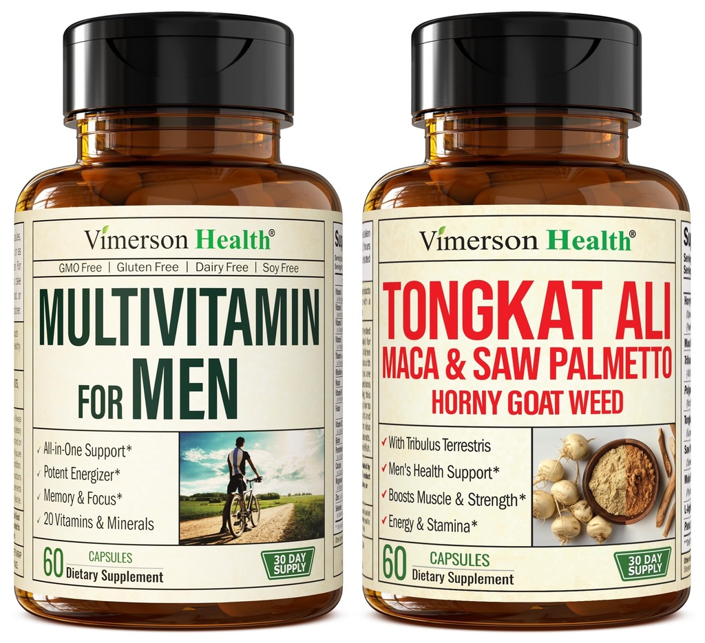 Vimerson Health Multivitamine pentru bărbaţi şi Tongkat Ali pentru bărbaţi cu buruieni de capră excitată, Maca Root Powder, Tribulus Terrestris, Saw Palmetto Extract