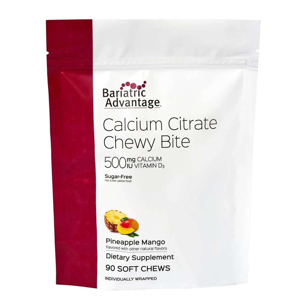 Bariatric Avantaj Calciu Citrate Chewy Bites 500 mg - Foarte absorbabil & Digestible - Vitamina D3 - Supliment de calciu ușor de mestecat - Ananas Mango - 90 Conte