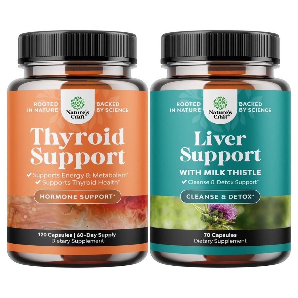 Bundle of Herbal tiroidy Support Complex with L Tyrosine Bladderwrack Selenium Pure Ashwagandha and Liver Cleanse Detox & Reparation - Milk Thistle with Dandelion Root Choline Beetroot & Anghinare Extract