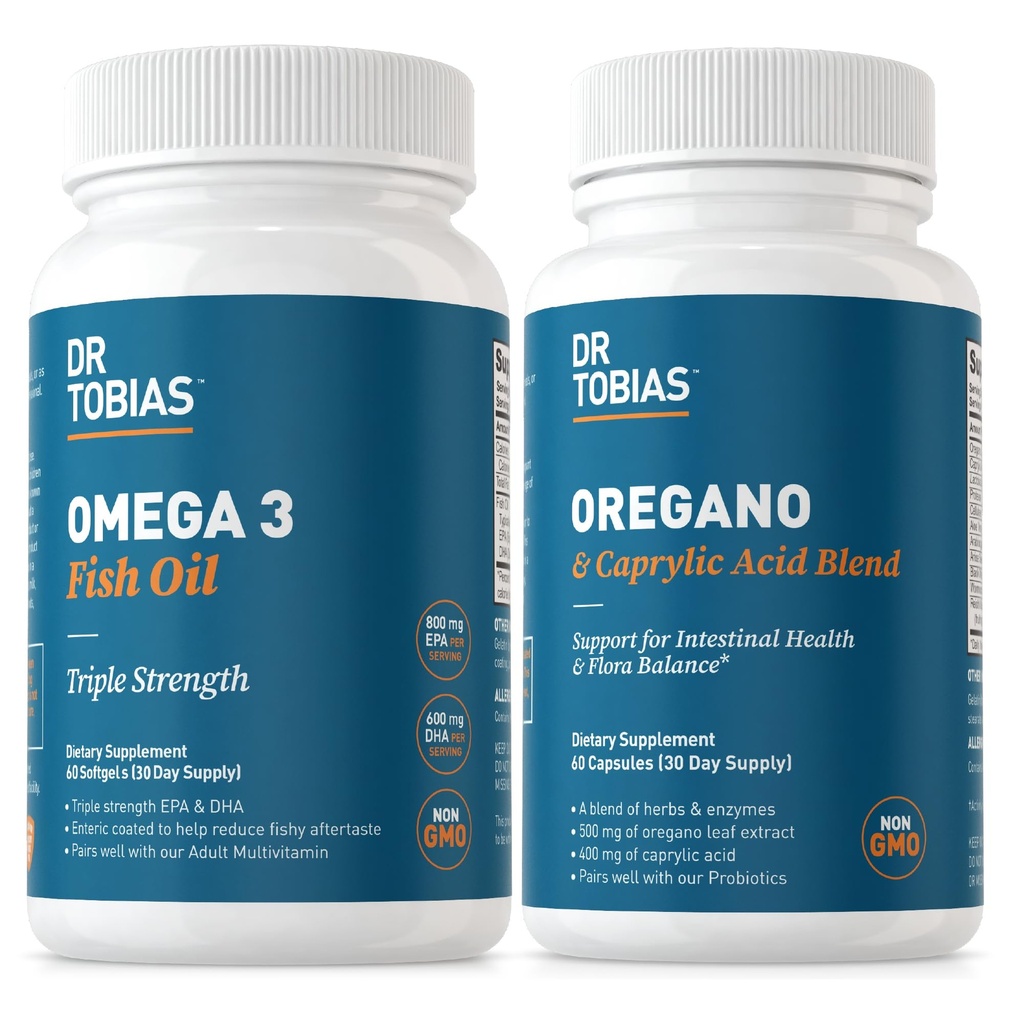Dr. Tobias Omega 3 Ulei de pește și suplimente de acid oregano și caprilic, susține inima, creier, imun cu Complex de echilibru Flora Gut & Sănătate intestinală pentru femei și bărbați