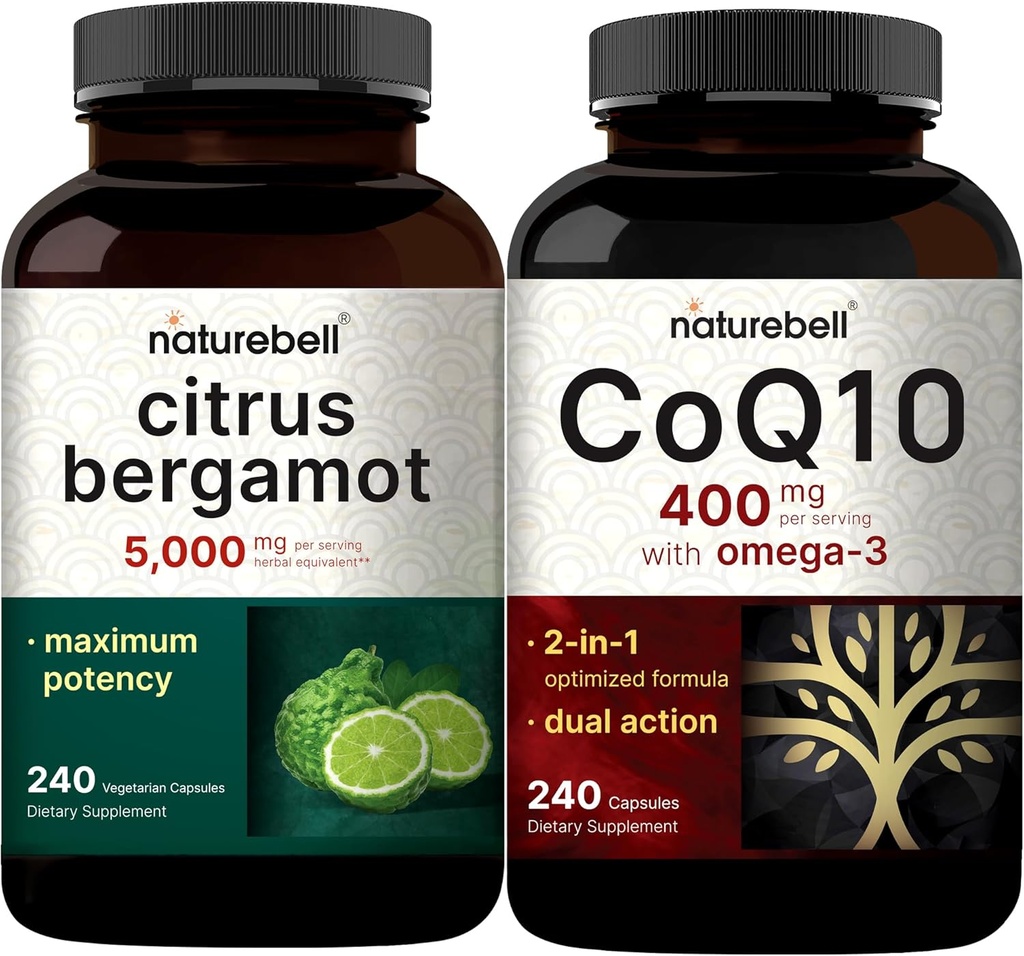 NatureBell CoQ10 400mg Capsule cu Omega 3 acid gras & capsule Veggie Citrus Bergamot 5000 mg Echivalent Bundle Pack 