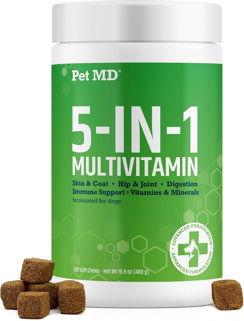 Pet MD 5in1 caine Multivitamine - 30 Vitamine esentiale, Minerale & Nutrients for Skin & Coat, Hip & Joint, Digestion, Imune & Senior Dog Vitamins - Glucosamine, Omega 3 6 9, & Probiotice - 120 ct