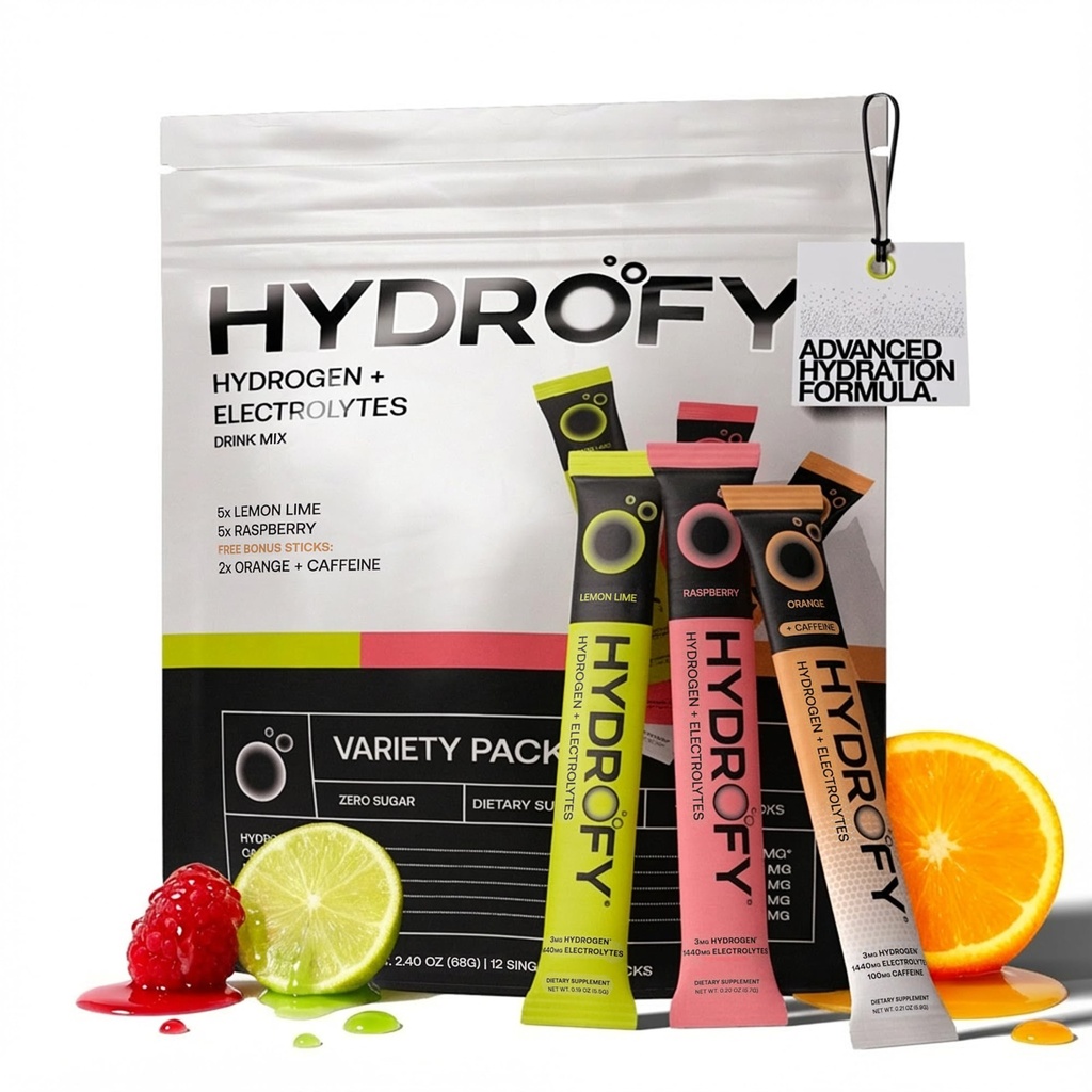 Hidrogen hidrofy Apă + Electroliţi Băutură Mix - Variety Packet H2 Hidratare Pachete cu hidrogen molecular, sodiu, potasiu, magneziu Lămâie, Zmeură, Orange + Cafeină 12 Conte