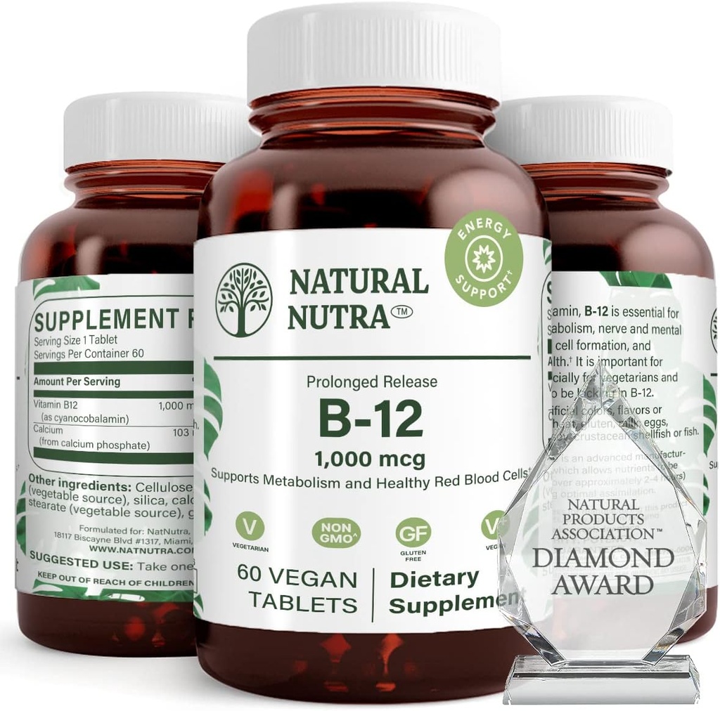 Natural Nutra Vitamina B12 1000 mcg, Cobalamină B 12 Supliment, Fosfat de calciu, Ajutor în Sănătatea Metabolismului, Sprijină Sistemul nervos, Absorbție optimă, Gluten gratuit, Zahăr gratuit, 60 comprimate Vegan