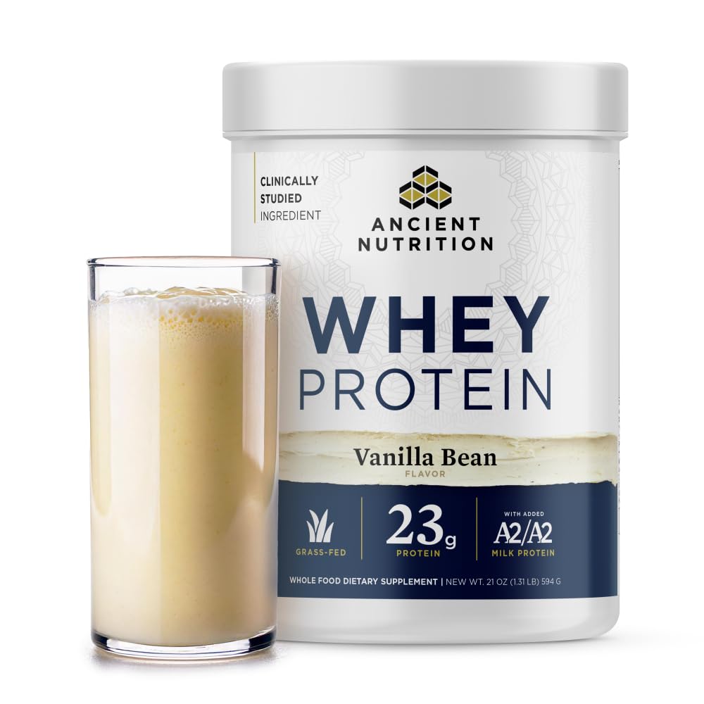 Nutritie antica Iarba Fed Whey Proteina, Vanilla Bean, 23g Proteina, 20 Serviri, Hidrolized Colagen Peptide, Organic Regenerative A2/A2 Proteina de lapte