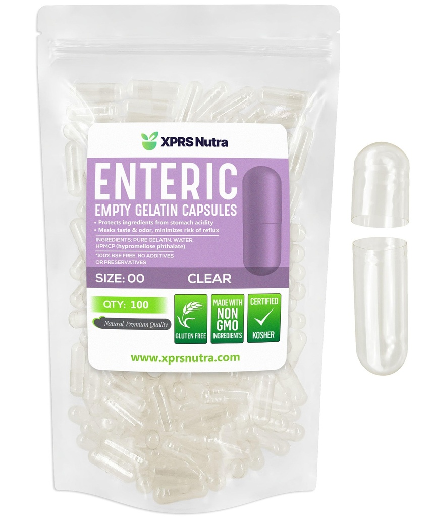 XPRS Nutra Dimensiune 00 Capsule goale - 100 capsule de gelatină goale acoperite enteric clar - Pastile de eliberare întârziate - capsule de umplere - Capace de gel enteric pur bovin gol