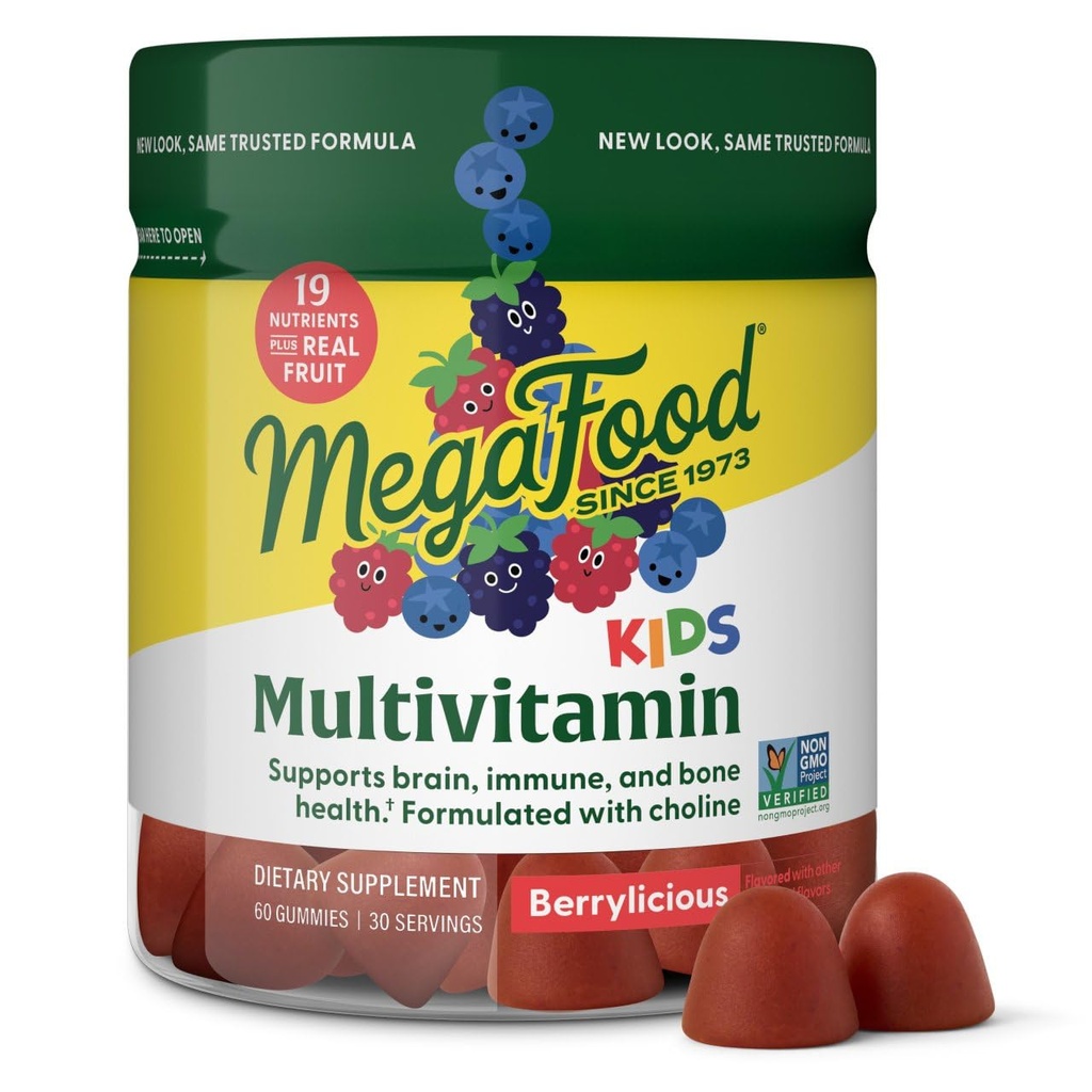 Megafood Kids Multivitamine Gummies - Vitamine pentru copii - varsta 4+ cu vitamina C, vitamina D, zinc, colină, și fructe reale - Brain & Imunity Support - Aroma delicioasa - 60 Gume (30 Serviri)