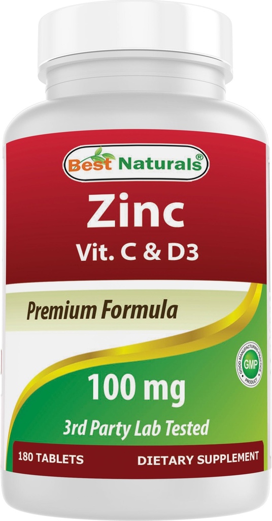 Cele mai bune Naturale Zinc 100 mg cu vitamina C & D3 180 comprimate Gluten gratuit și non-GMO