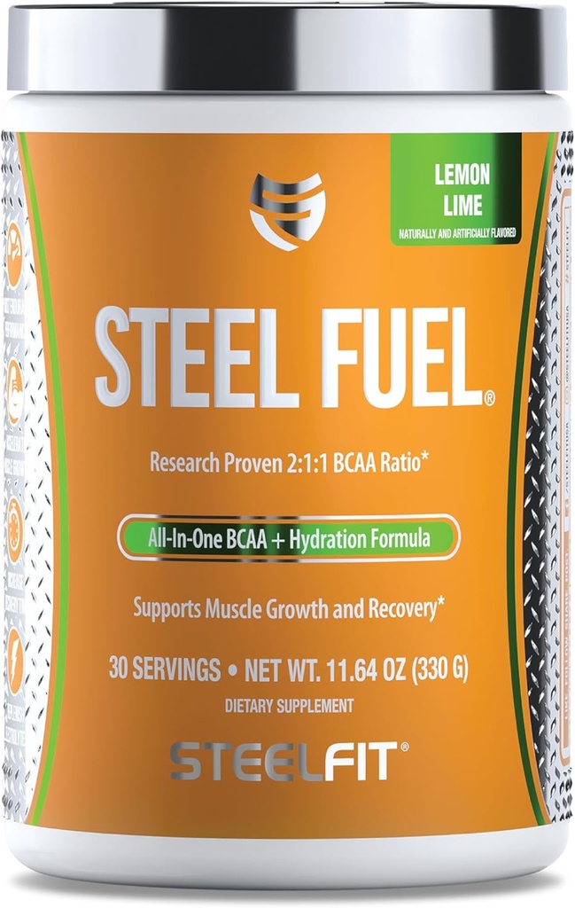 SteelFit Steel Fuel BCAAs Aminoacids Powder for Intra- Workout to Accelerate Muscle Growth & Endurance - 30 Servings in Lemon Lime - BCAA Supplements Powder for Electrolytes & Recovery