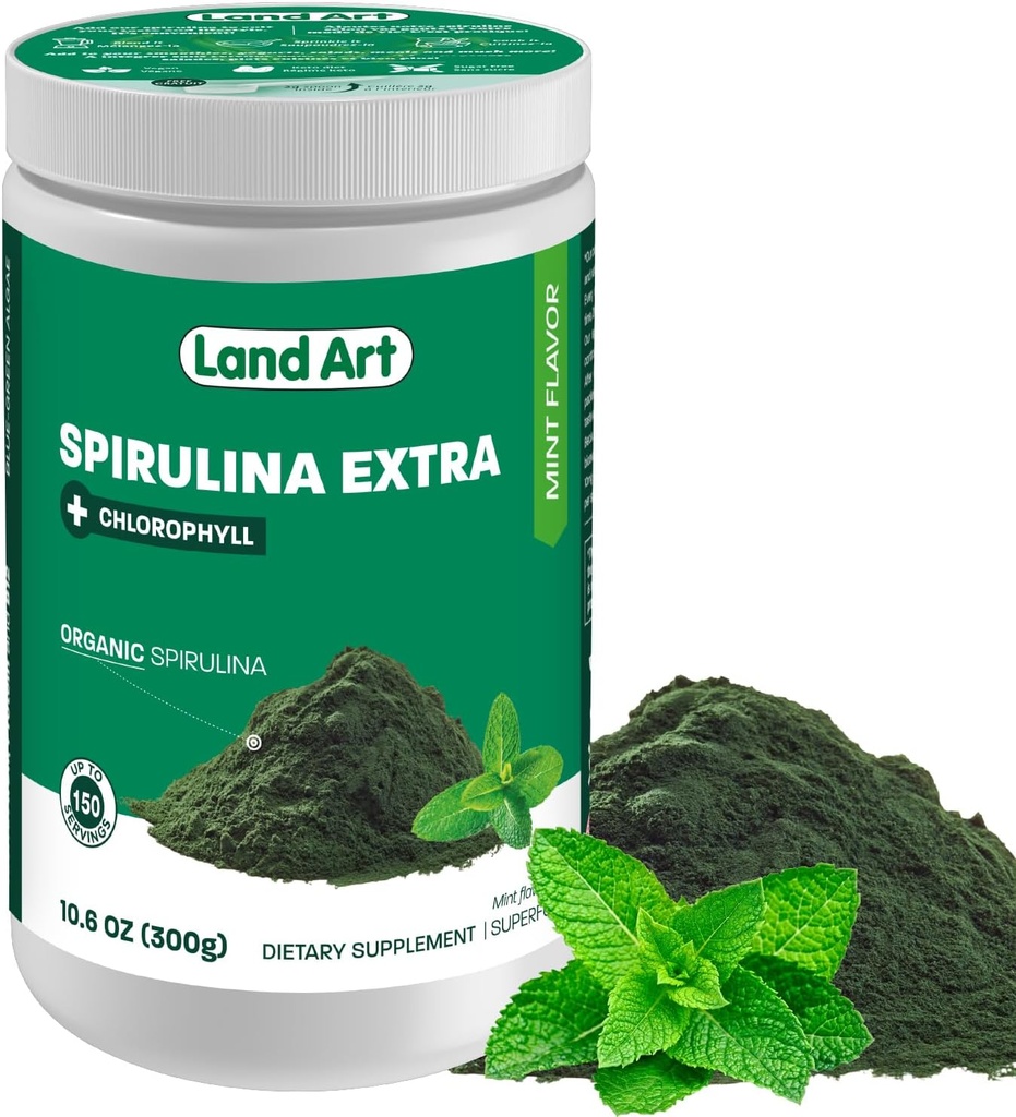 Land Art Spirulina organică extra pulbere - mentă aromată - 100% pură - 75 Serviri - Superfood - bun gust și miros bun - 10% Clorofilă bioactivă - Sursa puternică de antioxidanți
