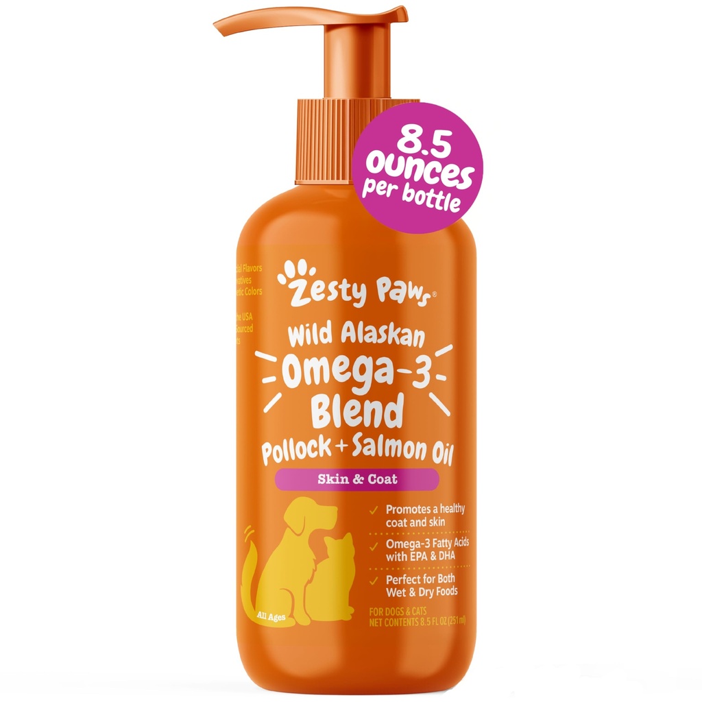 Zesty Paws Wild Alaskan Omega-3 Blend Pollock + ulei de somon pentru câini și pisici - Suport piele și haină, Omega 3 Supliment pentru animale de companie, 8,5oz