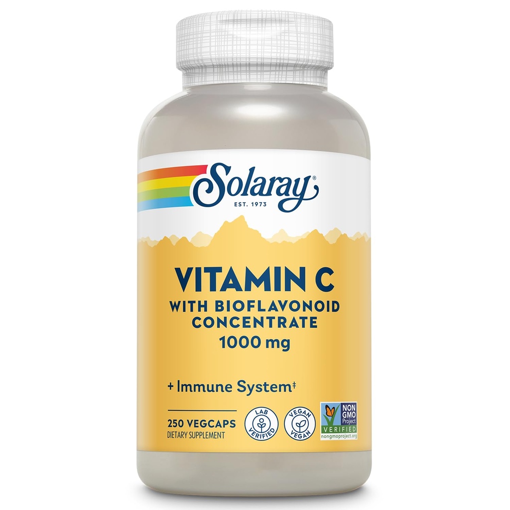 SOLARAY Vitamina C 1000mg cu Bioflavonoids concentrat - Vitamina C capsule cu trandafir Hips si acerola Cherry - Antioxidant, Heart Health and Immune Supplement, Vegan, Non-GMO, 250 Serviri