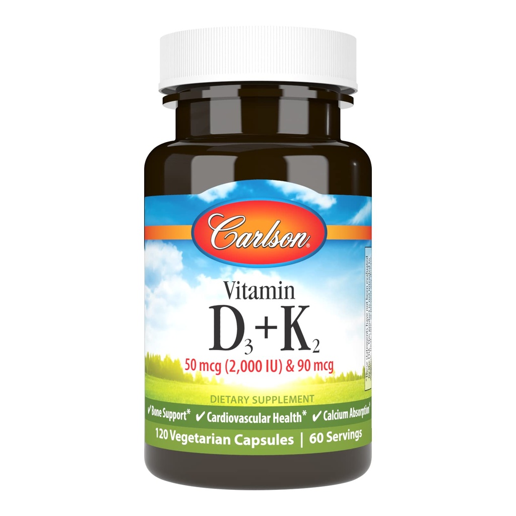 Carlson - Vitamina D3 + K2, 50 mcg (2000 UI) Vitamina D3 & 90 mcg Vitamina K2 ca MK7, suport osos, Absorbţie de calciu, 120 capsule