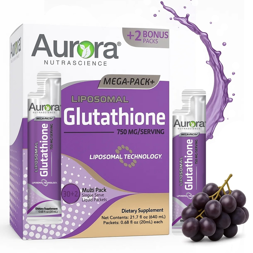 Aurora Nutrascience Mega-Liposomal Liquid Glutatione, Immune & Antioxidant Gut Supplement de suport pentru sănătate, 750 mg per Serving, non-GMO, Sugar-Free, 32 Pachete de unică servire