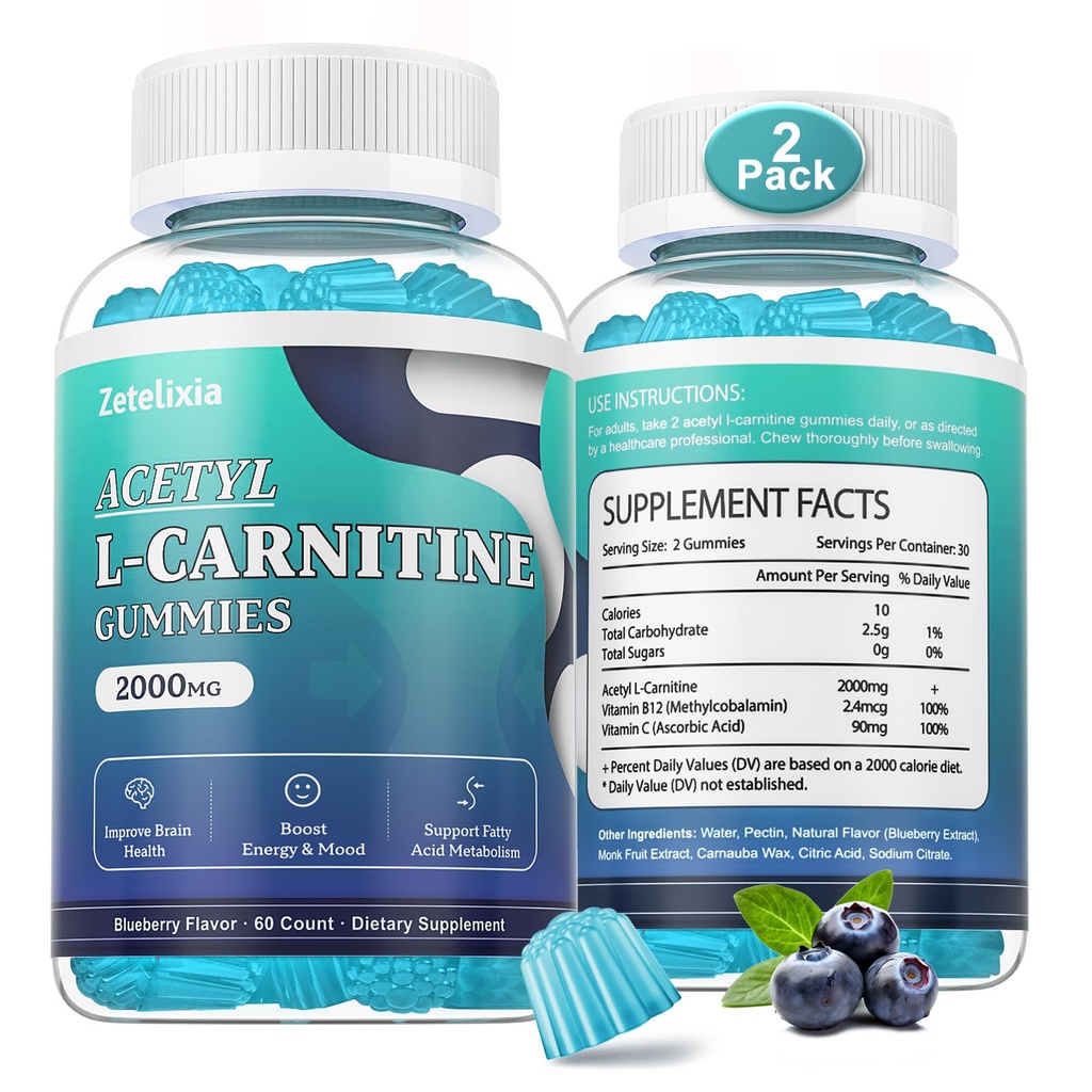 2 pachet de zahăr liber Acetil L-Carnitina Gumies, L-Carnitina Supliment pentru femei şi bărbaţi, cu vitamina C & B12, ALCAR pentru energie, Brain & Heart Health Support, Vegan, Non-GMO, 120 Conte