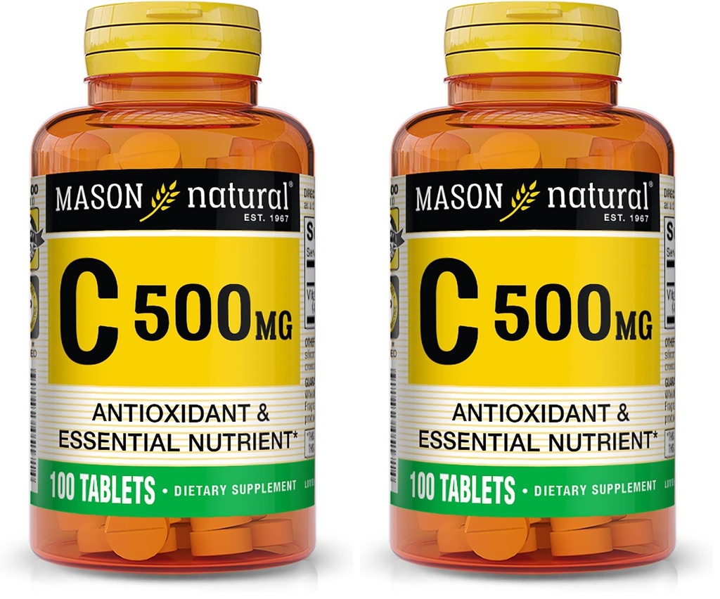 MASON NATURAL Vitamina C 500 mg - Susţine sistemul imunitar sănătos, antioxidant şi nutrient esenţial, 100 comprimate (pachet de 2)