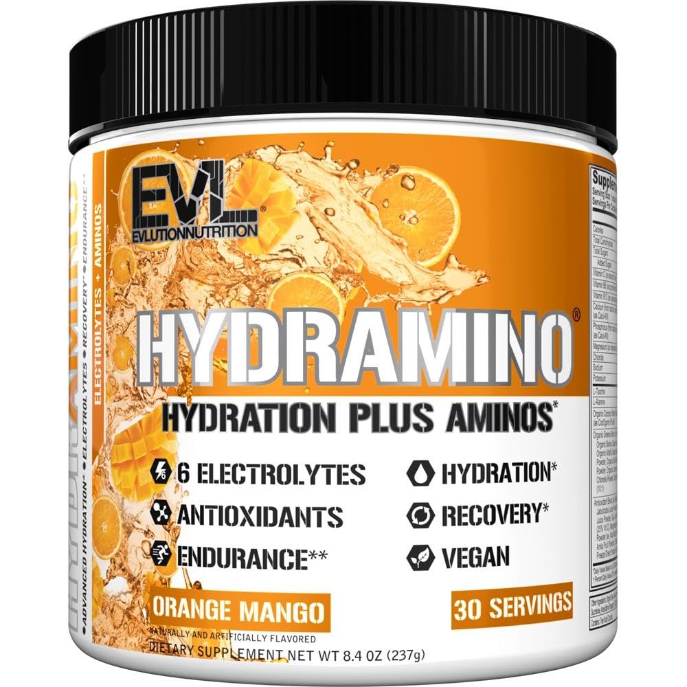 Evlution Nutrition HYDRAMINO Multiplicator de hidratare completă, Toate 6 Electroliți, Vitamina C & B, Fluid Boosing Aminos, Apa de Coconut, Rezistență, Recuperare, Antioxidanți, 30 Serveste, Mango Orange