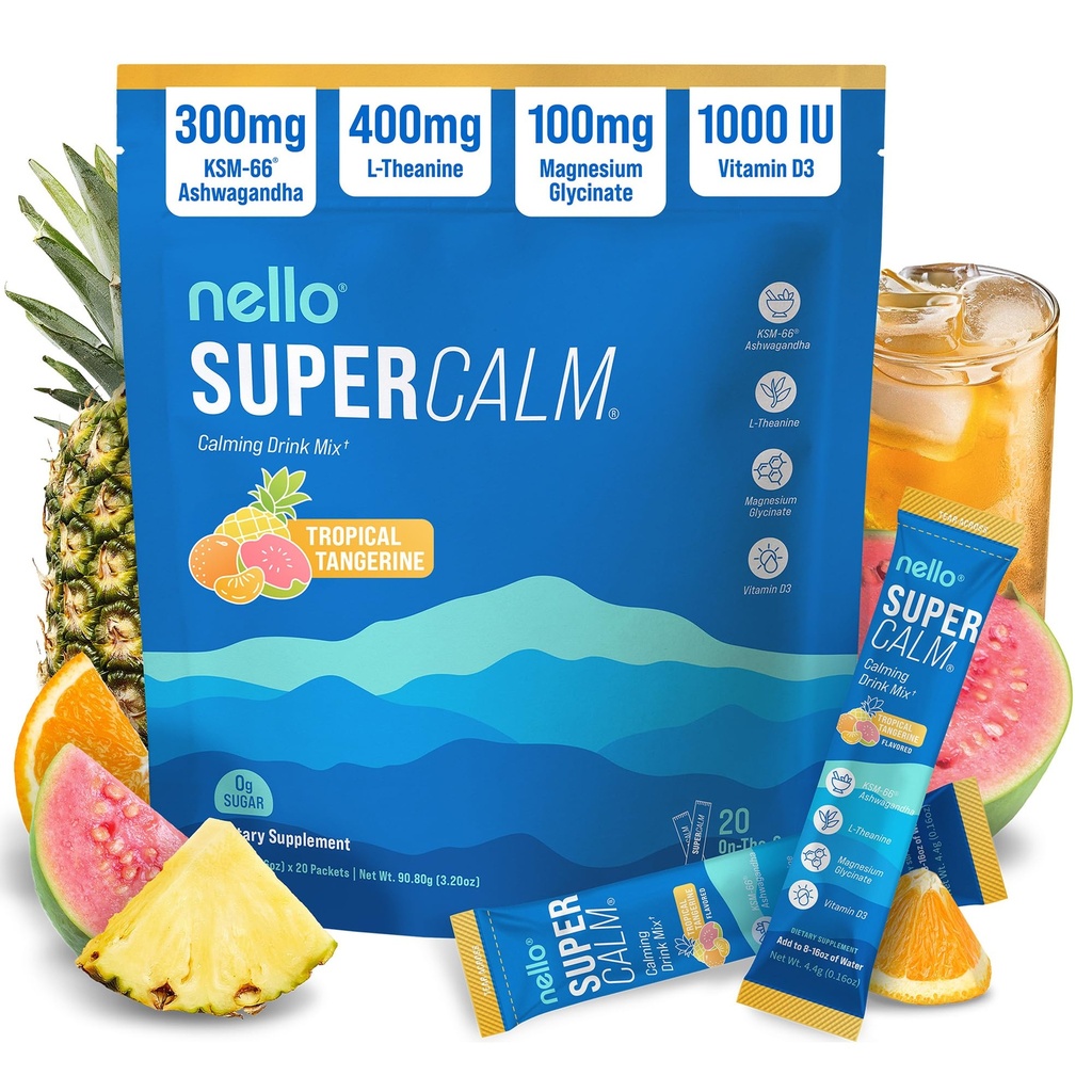 Nello Supercalm Powderd Drink Mix, Tropical Tangerine, L Theanine, Ksm-66 Ashwagandha, Magneziu Glicinat, Vitamina D 3, Suplimente pentru relaxare și concentrare, Natural, Fără zahăr, Non OMG-uri, 20 Srvg