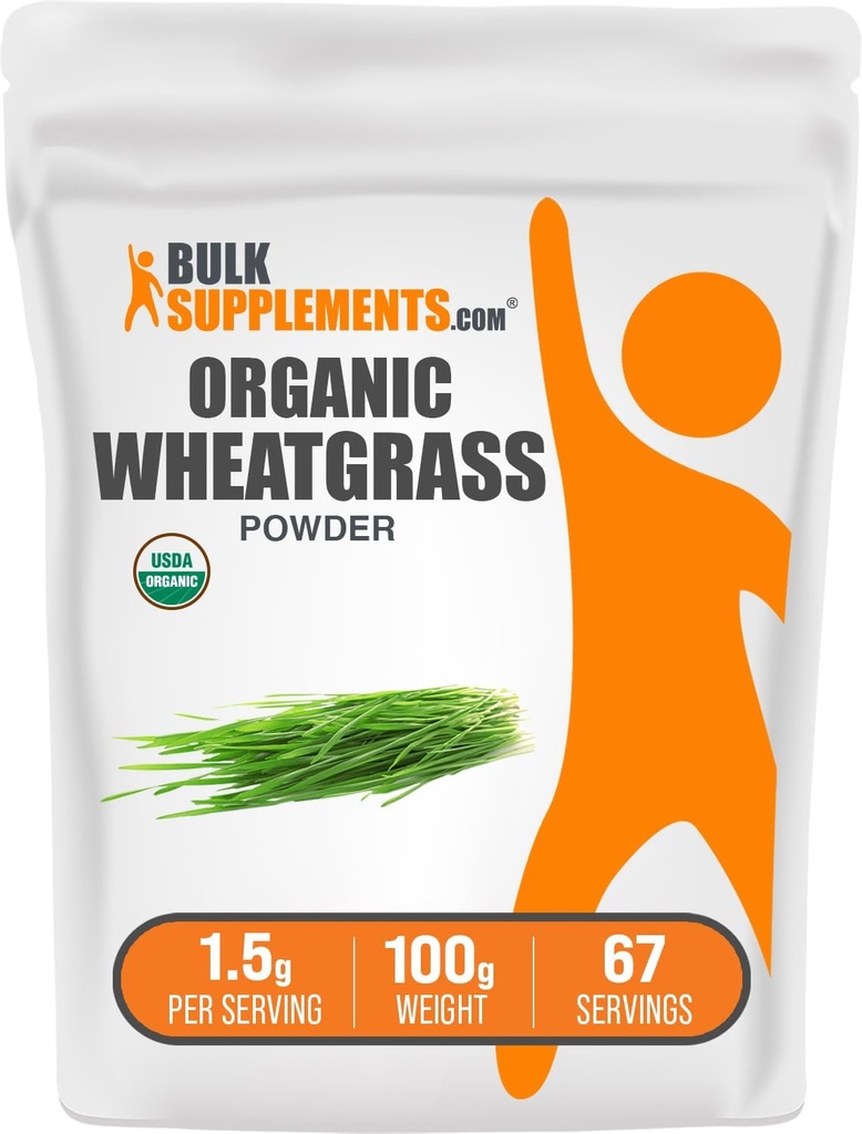 BulkSupplements.com Organic Wheatgrass Powder - Organic Super Greens Powder, Superfoods Supplement - Vegan & Gluten Free, 1.5g per Serving, 100g (3.5 oz) (Pachet de 1)