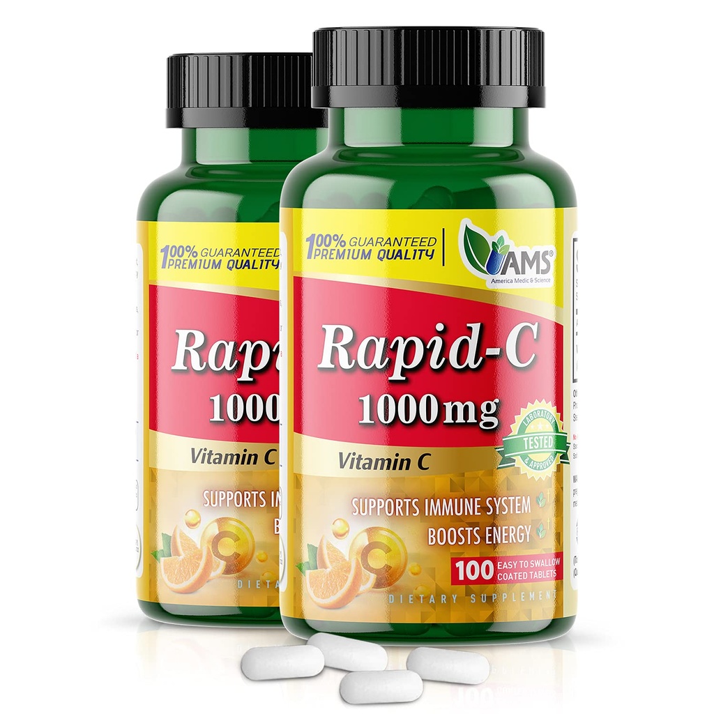 America Medic & Science Rapid-C 1000mg Vitamina C Supliment (2 pachet de 100 comprimate) Booster de energie, Daily Immune System Support, Antioxidant 