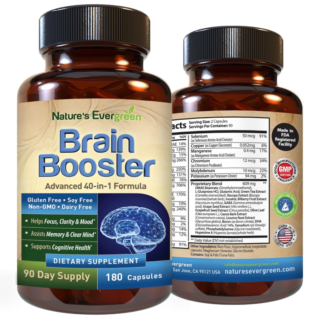 Brain Booster 40-in-1 Formula Supliment pentru Focus, Memorie, Claritate, Energie 