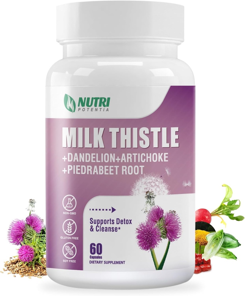 Milk Thistle Supliment cu Root Dandelion, Extract de anghinare, 80% Silymarin pentru suport hepatic- Ficat Curățare Detoxifiere & Formula de reparații, Non-GMO - 60 capsule