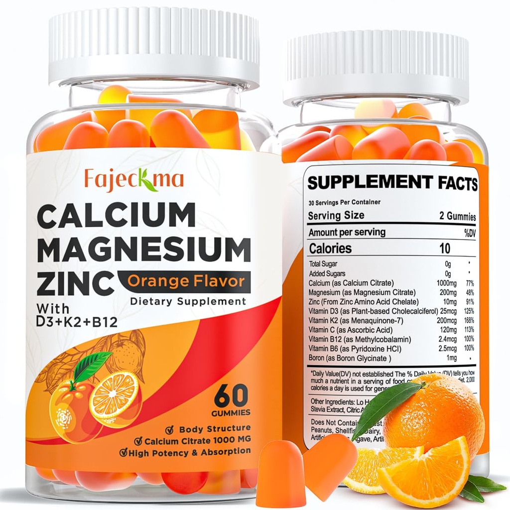 Calciu Magneziu Gummies de zinc pentru adulți: Organic 1000 mg de calciu Citrat de magneziu Supliment cu D3 B12 - Sugar gratuit supliment de înaltă absorbție pentru femei (60 Conte (Pachet de 2))