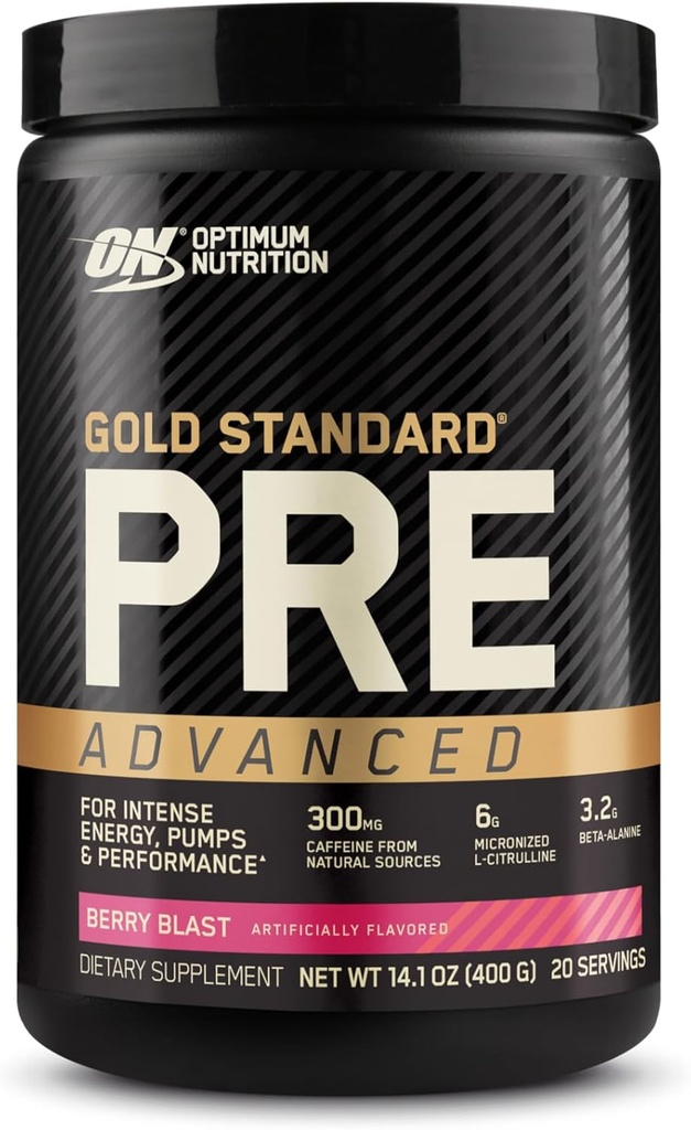 Optimum Nutrition Gold Standard Pre Workout Avansat, cu Creatine, Beta-Alanina, Micronizat L-Citrullina si Cafeina pentru Energie, Keto Friendly, Berry Blast, 20 Serviri