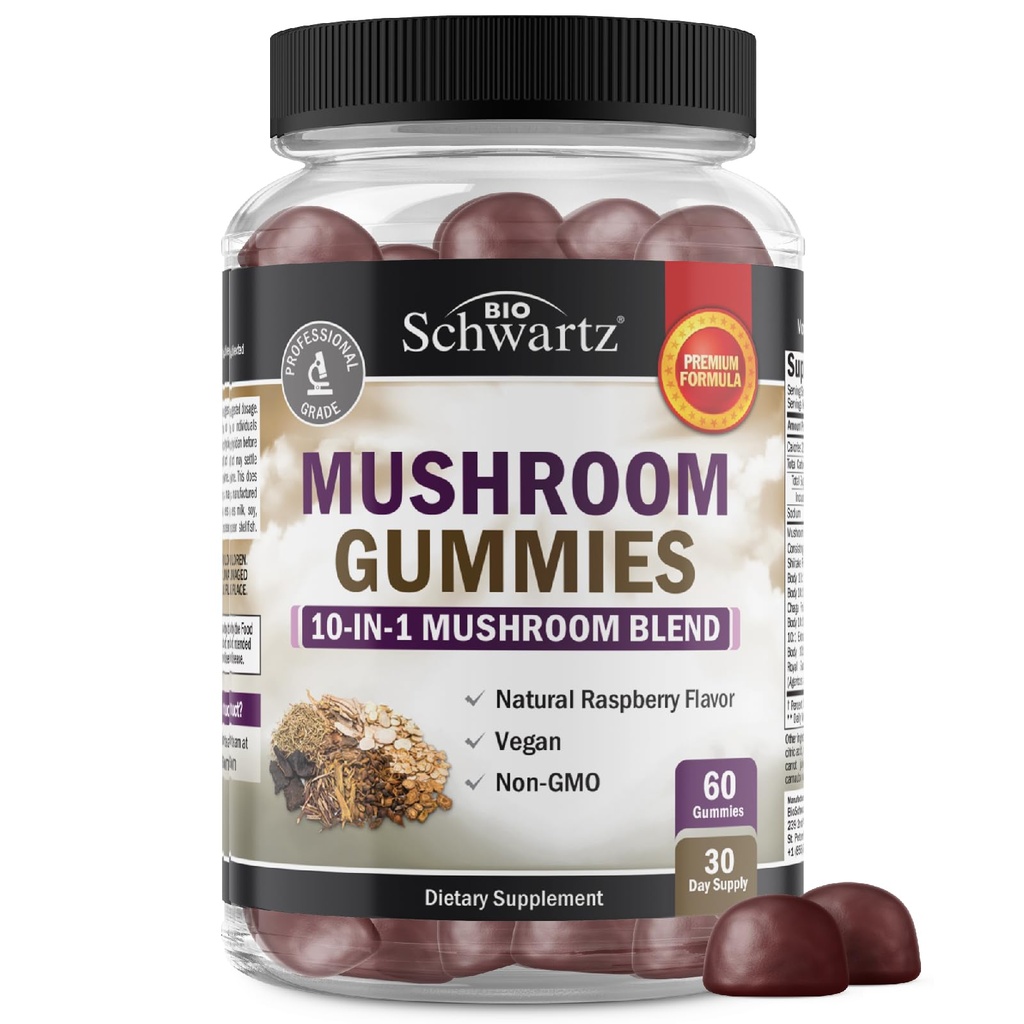 Gume de ciuperci pentru adulți - 10-in-1 supliment de ciuperci funcționale pentru Mood și Focus cu Lions Mane Turcia Coarde Cordyceps Shiitake Reishi - Vegan, non-GMO, aroma de zmeură proaspătă, 60 Conte