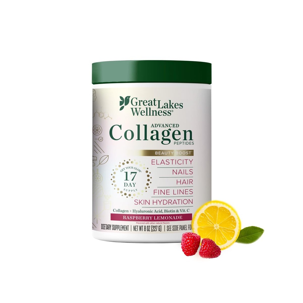 Marile lacuri Wellness Beauty Boost Advanced Colagen Peptides Powder with Hyaluronic Acid, Biotin, Vitamina C - Skin Elasticity and Hydration - Raspberry Lemonade Flavor - Non-GMO, Keto, Kosher - 8 oz