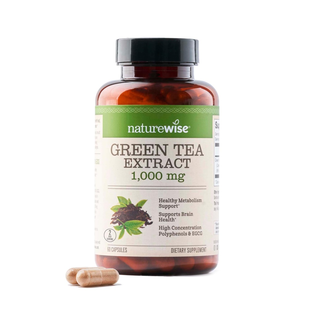NatureWise Green Tea Extract capsule 1000 mg - 50% EGCG & 98% Polifenoli - Extra Putere Pastile de ceai verde - Antioxidanti pentru sanatatea inimii si energie - Vegan, non-GMO - 60 Conte[30-Day Supply]