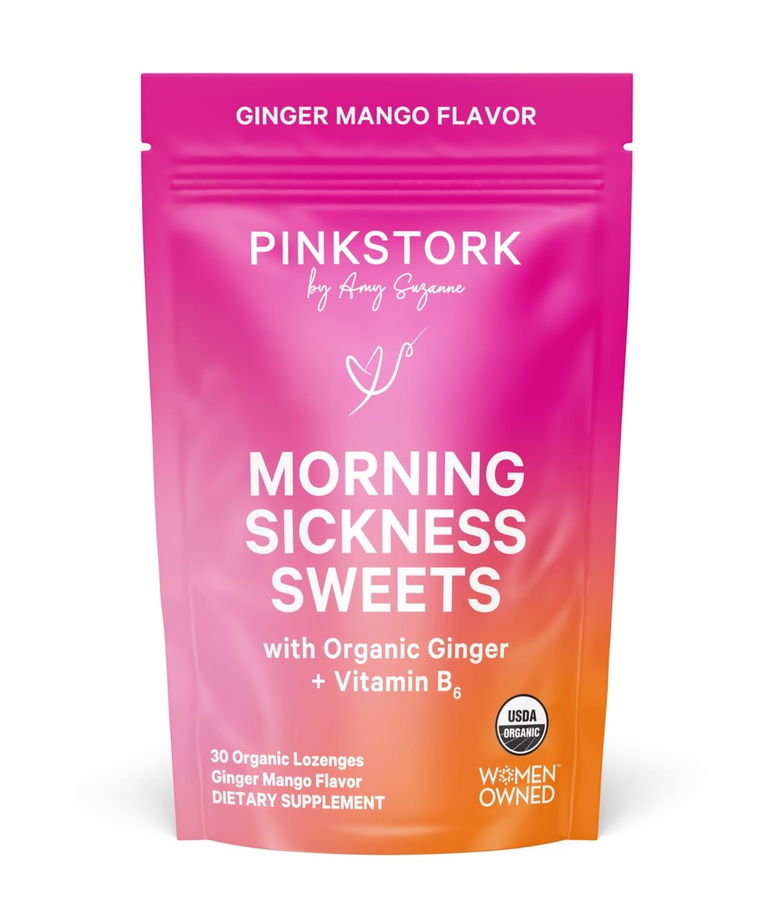 Pink Stork Morning Sweets, Organic Mango Ginger Candy cu vitamina B6 pentru boala de dimineata, Motion Sickness, Prenatal Heartburn - Sarcina trebuie să aibă - 30 picături înfășurate