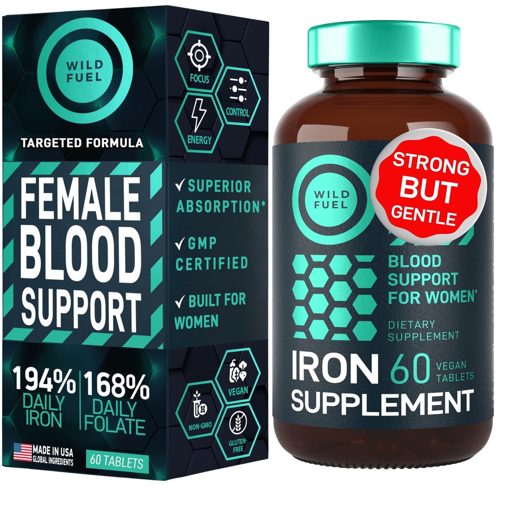 Supliment de fier pentru femei cu acid folic - 35 mg Blood Builder sulfat feros, Acid folic 400 mcg - Pastile de fier pentru femei cu anemie si suport de sarcina - 60 Gluten-Free, Vegan Vitamine de fier tablete